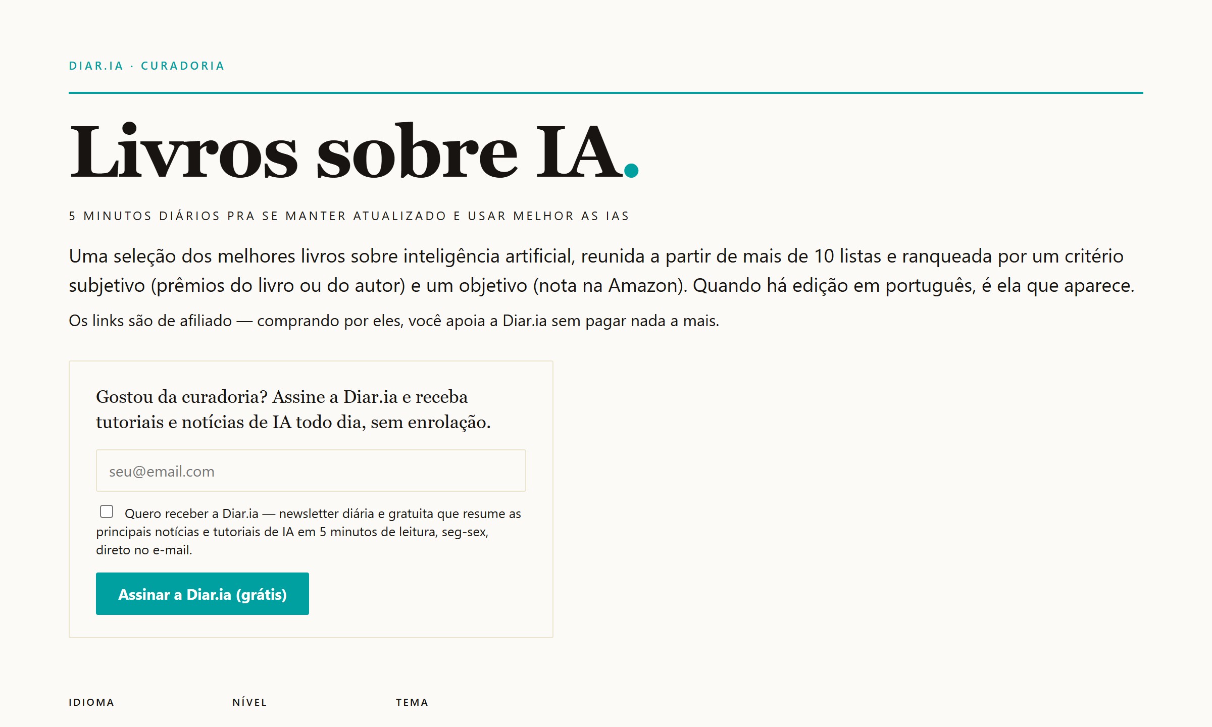 Prévia da página de curadoria de livros sobre IA da diar.ia.br (livros.diar.ia.br), com nota, resenha e filtros por idioma/nível/tema