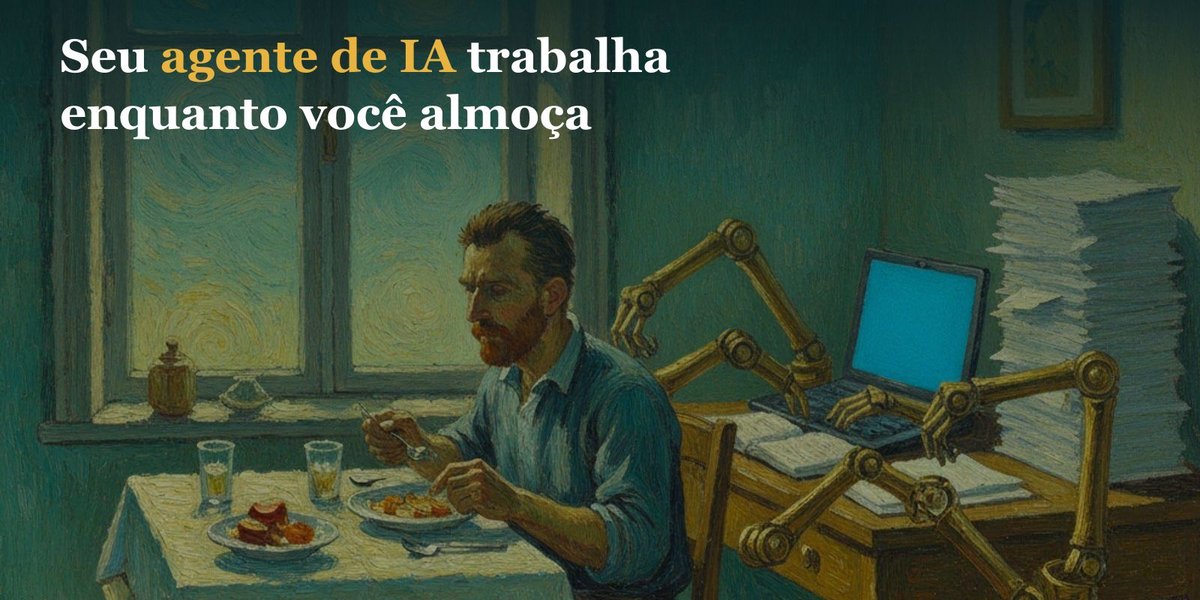 Seu agente de IA trabalha enquanto você almoça — ilustração de um homem almoçando enquanto braços robóticos trabalham no computador
