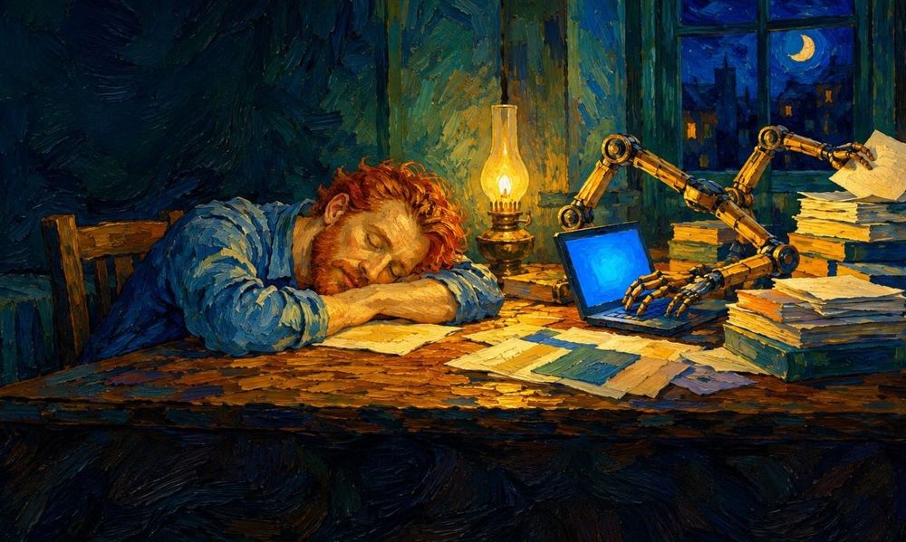 Homem dorme sobre a mesa enquanto braços robóticos trabalham no computador