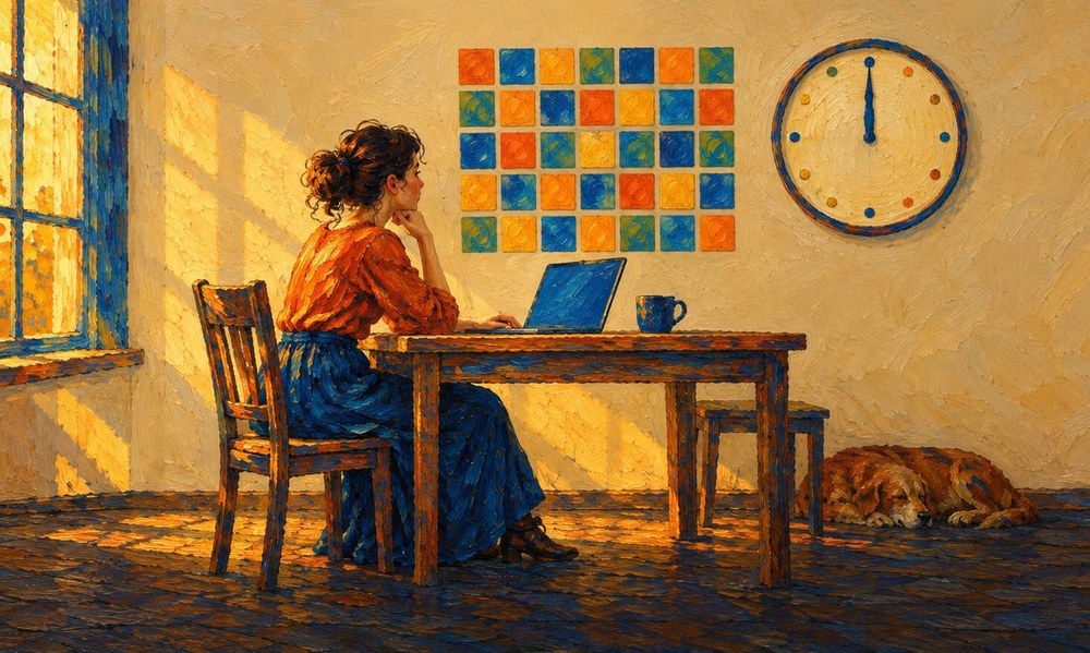 Pintura de uma mulher diante do notebook numa mesa, com uma parede de quadros coloridos como um calendário cheio e um relógio marcando uma hora