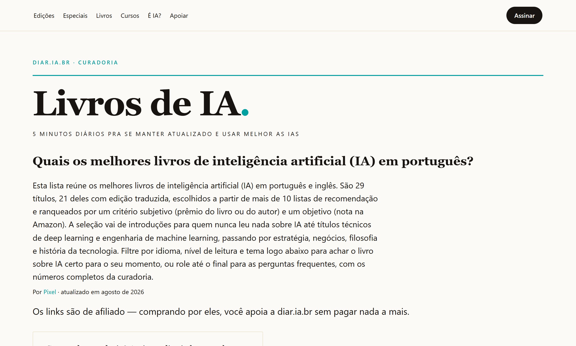 Prévia da página de curadoria de livros sobre IA da diar.ia.br (livros.diar.ia.br), com nota, resenha e filtros por idioma/nível/tema