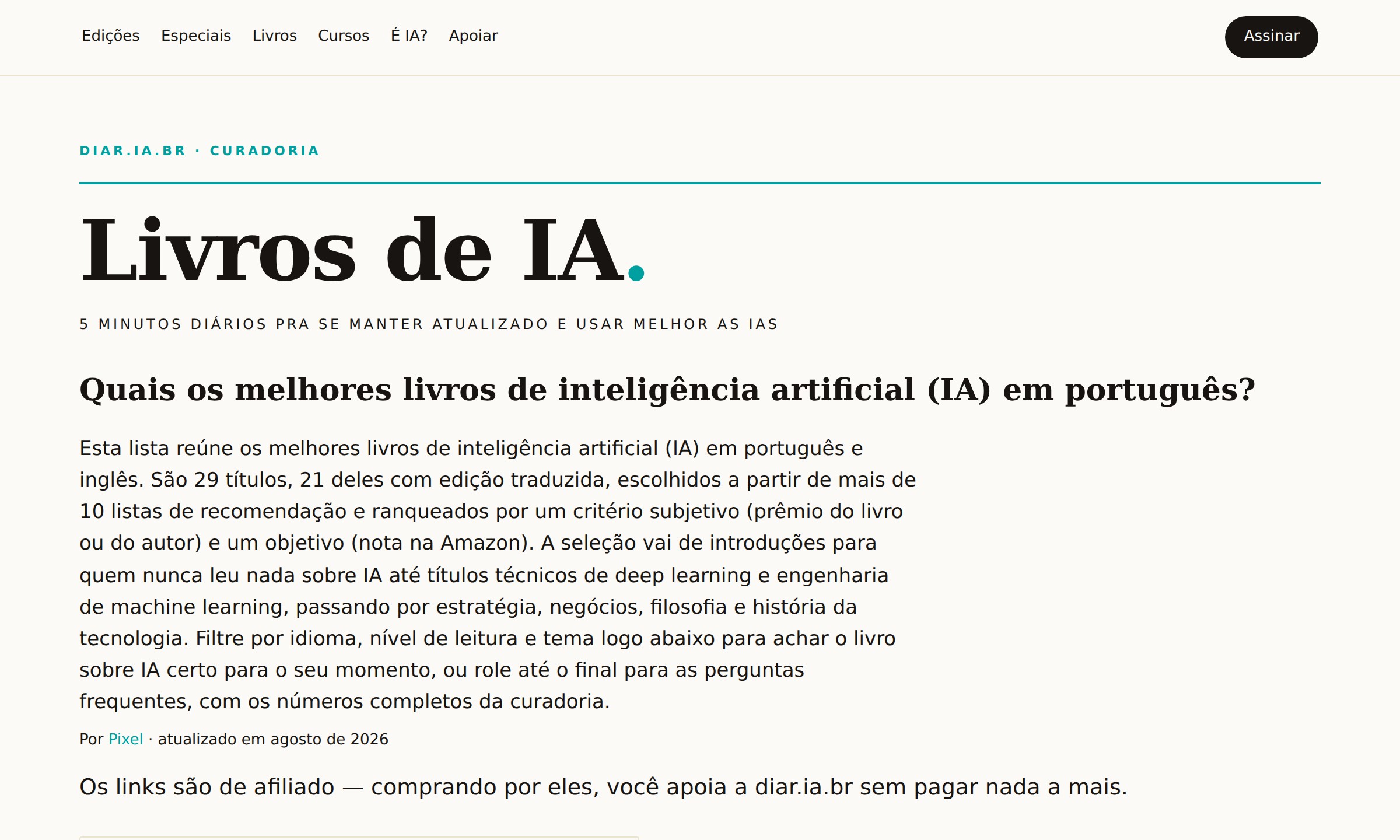 Prévia da página de curadoria de livros sobre IA da diar.ia.br (livros.diar.ia.br), com nota, resenha e filtros por idioma/nível/tema